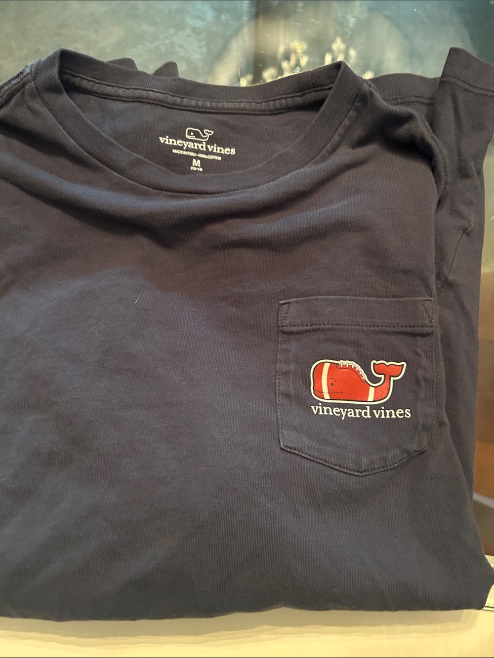 Vineyard Vines Navy Pocket Tee with football Whale Patch